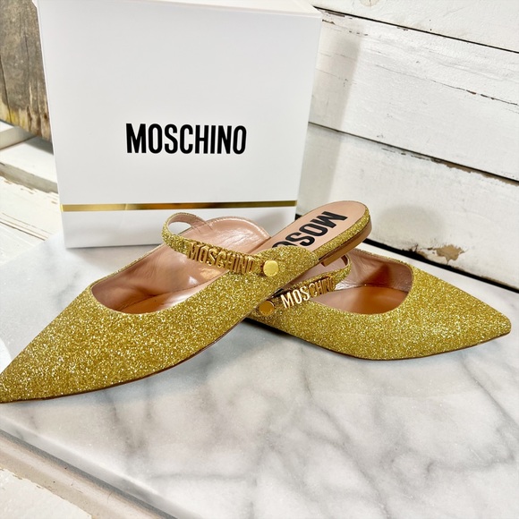 Moschino Pointed Toe Glitter Logo Flats - Picture 3 of 7